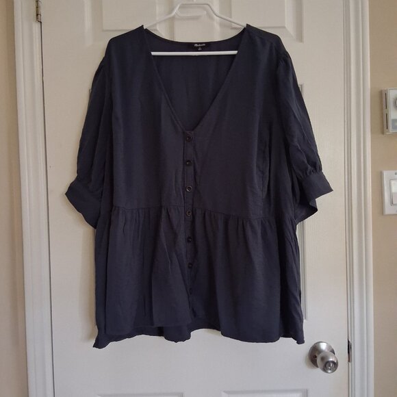 Madewell Women's Size 4X Navy Blue Drapeweave Puff Sleeve Peplum Top - Picture 4 of 13